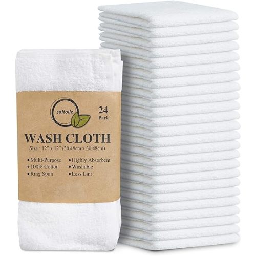 Softolle 100% Cotton Ring Spun Wash Cloths Pack of 24 (12x12 Inches)– Bulk Pack of Washcloths – Wash Cloth for Face, Highly Absorbent, Soft and Face Towels (White)