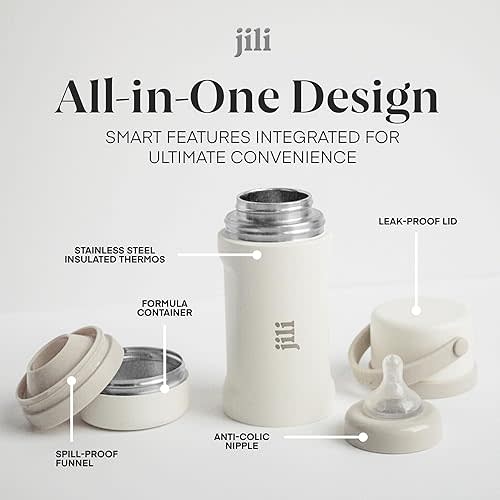 Jili All-in-One Baby Bottle, Insulated Stainless Steel Bottle with Formula Container, Anti-Colic Nipple, and Leak-Proof Lid, Baby Essentials for Travel, BPA and Phthalates-Free, Almond, 8 oz.