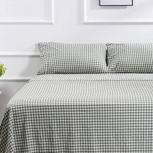100% Cotton Full Sheet Set - 4 Piece Cotton Sheets Full Size Bed Set, Soft, Smooth, Durable, Easy Care, 16" Deep Pocket Checkered Green Sheets - 1 Flat, 1 Fitted, 2 Pillowcases