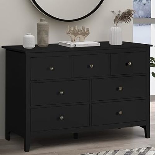 Vikiullf Black Dresser - Modern Dresser for Bedroom, Wooden 7 Drawer Dresser, Storage Cabinet for Bedroom,Living Room, Hallway, Entryway