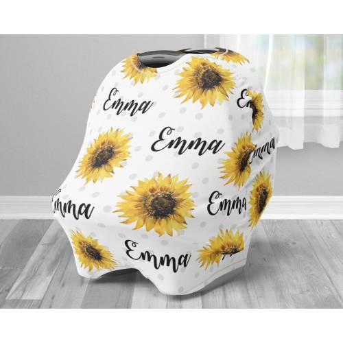 Sunflower infant seat cover, baby girl sunflower car seat canopy cover, polka dot floral newborn name gift, personalized nursing privacy