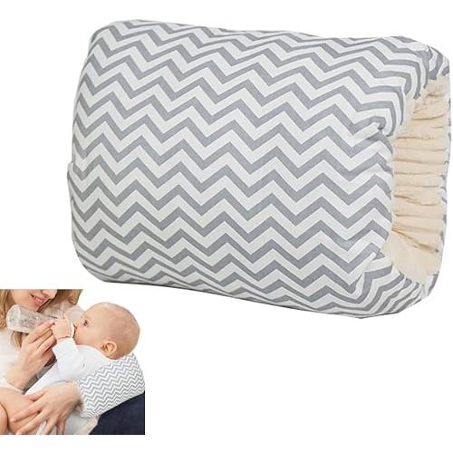 Cotton Nursing Pillow for Breastfeeding & Bottle Feeding - Skin-Friendly Washable Mini Arm Pillow with Ergonomic Support for Mom, Portable Design (Grey Fine Stripe)