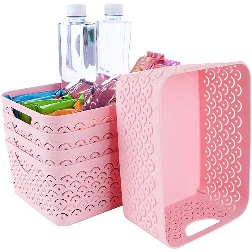 5 Pack Plastic Storage Baskets, Portable Pink Fish Scale Pattern Hollow Desktop Storage Bin Box with Handle for Kitchen, Bathroom, Kids Room or Nursery Storage – 9.4 x 7.1 x 4.1 inches