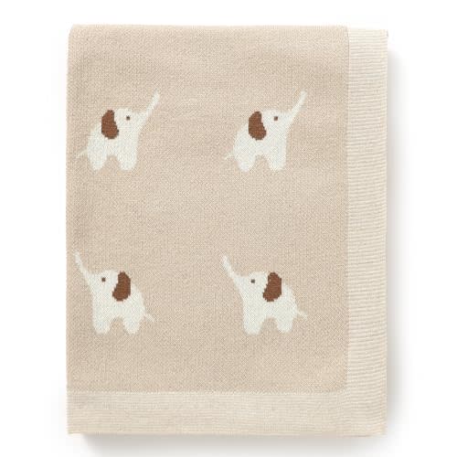 Hadetoto 100% Cotton Baby Blanket Knit Soft Cozy Swaddle Receiving Blankets Toddler Infant Blanket with Lovely Elephant for Newborn Boy Girls - Camel, 90 x 70cm