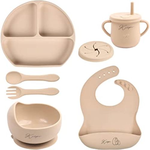Baby Led Weaning Supplies - Kirpi Baby Feeding Set - Silicone Suction Bowls, Divided Plates, Sippy and Snack Cup - Toddler Self Feeding Eating Utensils Set with Bibs, Spoons, Fork - 6 Months (Beige)