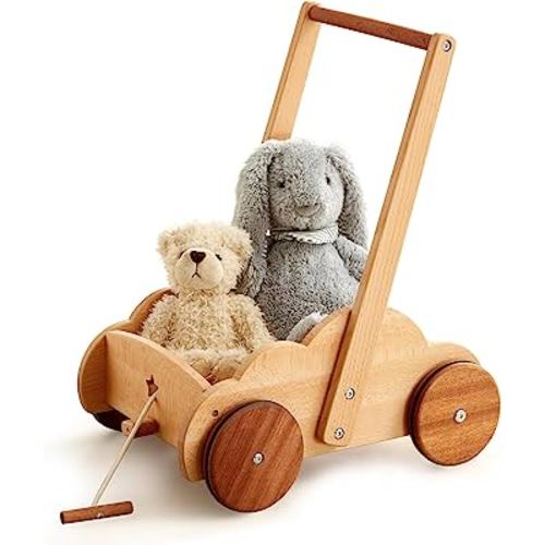 Beright Wooden Baby Walker Push Toy, Learning Educational Walking Toys for Babys Toddles, Adjustable Speed & Height, Natural Beech, not with Building Blocks