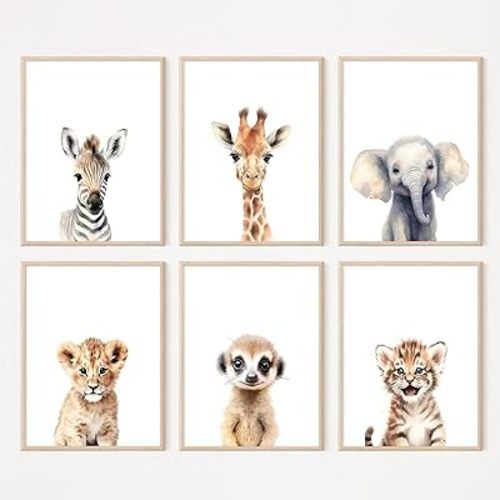 Safari Nursery Wall Art Decor Set of 6 Baby Animal Wall Art Kids Canvas Wall Art Safari Nursery Pictures Jungle Animal Prints Baby Boy Art Giraffe Painting for Room Bedroom 12x16 Inch Unframed