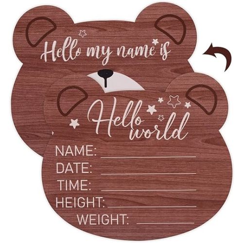 SAVITA Wooden Baby Announcement Plaque, 5.9 Inch Bear Shape New Baby Sign Welcome Sign Hello World Newborn Sign for Hospital Nursery Photo Prop
