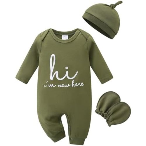 Cute Newborn Unisex Baby 100% Cotton Long Sleeve Onesie Coming Home Outfits,Soft Romper with Mittens & Hat