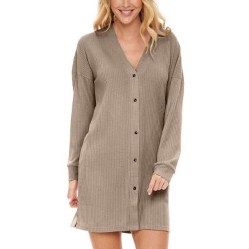 Adr Women's Long Sleeve Ribbed Knit Nightshirt, Button Up V-neck Sleepshirt, Pajama Thermal Underwear Top Beige Small
