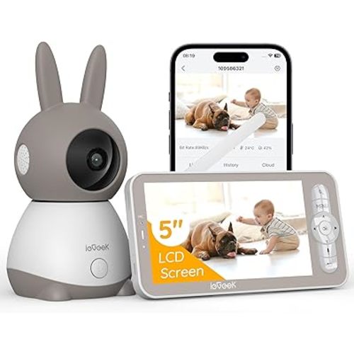 ieGeek Moniteur bébé 2K (Moniteur Bébé), 360° AI & Cry Detection Vidéo Baby Monitor Caméra avec écran sans fil 5", contrôle par application mobile et moniteur LCD non WiFi, audio bidirectionnel,