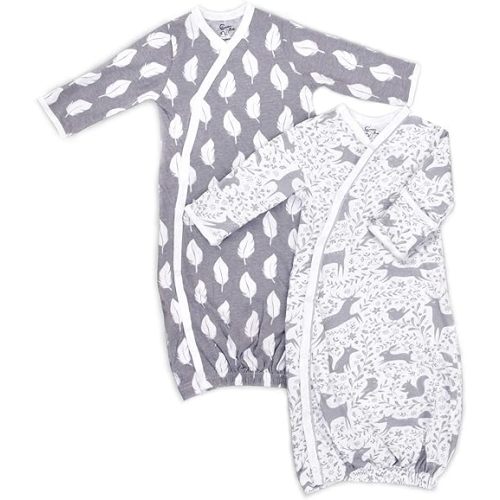 Cambria Baby 100% Organic Kimono Gowns. Side Snaps with Built in Mitts. (0-6 Months, Feathers and Forest Animals)