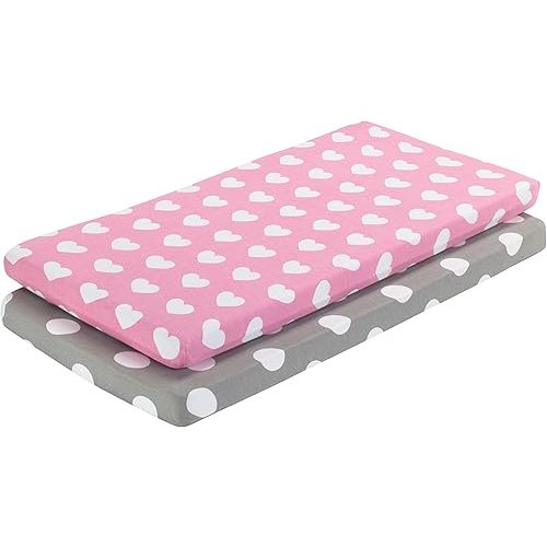 EVERYDAY KIDS 2 Pack Baby Cradle Sheets - Fitted Set for Baby Girl; 100% Cotton Jersey Knit, Breathable and Soft Cradle Mattress Pad Cover; Pink and White Heart Design Sheet and Gray Polka Dots Sheet