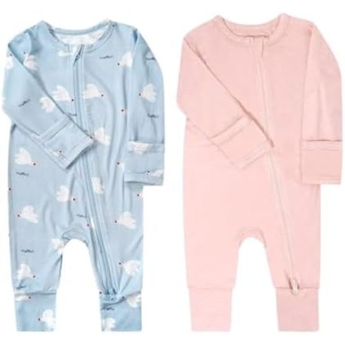 Teach Leanbh Baby Boys Girls 2 Pack Bamboo Viscose Pajamas with Mitten Cuffs 2 Way Zipper Long Sleeve Romper Sleep and Play