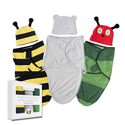 Cuddle Club Baby Swaddle | 100% Cotton Adjustable Velcro Newborn Blanket Wrap - with Novelty Hat Beanie