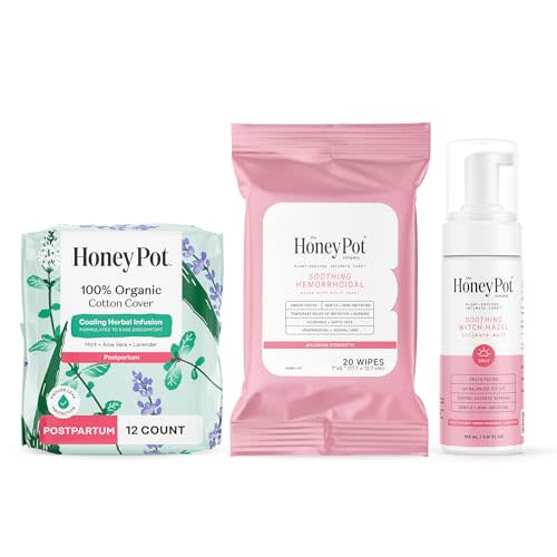 The Honey Pot Company - Postpartum Pads, Wash, & Wipe Bundle - Postpartum Essentials - 12ct Pads, Witch Hazel Feminine Wash, 20ct Witch Hazel Feminine & Hemorrhoid Wipes