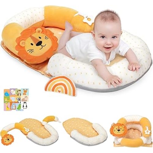 4 in 1 Tummy Time Mat with Educational Cards, Play Mat & Sitting Support for Newborn 0-12 Months, Infant Baby Sit Me Up Floor Seat, Sensory Skills Gifts, Lion
