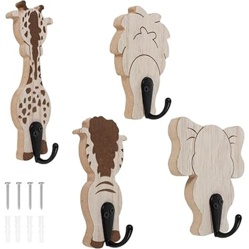 4 Pcs Kids Safari Animal Wall Hooks, Wood Coat Hooks Rack, Wall Mounted Jungle Towel Hanger for Baby Room Nursery Bedroom Decor (01)