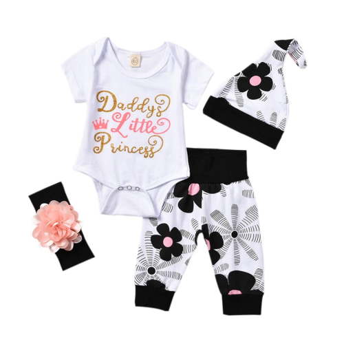 Qtinghua Newborn Baby Girl Daddy's Little Princess Letter Print Romper Jumpsuit Pants Hat and Headband 4Pcs Clothes White 0-3 Months