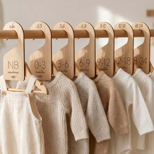 Beautiful Wooden Baby Closet Dividers Set of 7 - Double-Sided Organizer for Newborn to 24 Months Size Clothes - Adorable Nursery Decor Hanger Dividers Easily Organize Your Little Girls or Boys Room