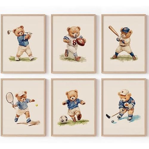 Olctedo Nursery Bear Sports Wall Art Vintage Boy Room Canvas Wall Decor Baby Teddy Bear Pictures Boy Nursery Art Prints Kids Animal Poster Artwork for Toddler Bedroom Playroom 8x10 Inch Unframed 6Pcs