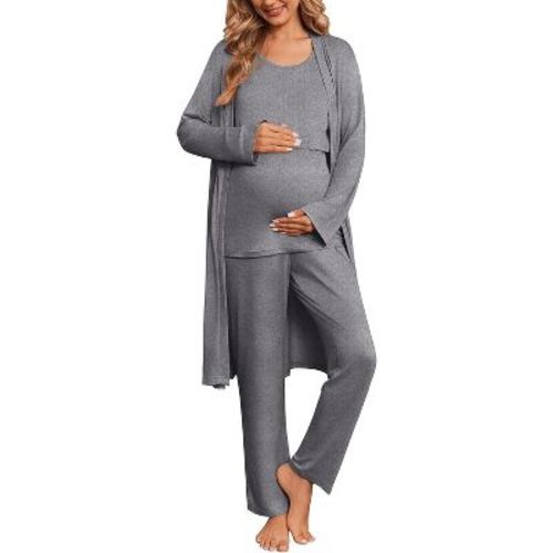 Ekouaer Nursing Pajamas Maternity Robe Set 3 Pieces Postpartum Maternity Pajama Set Pregnancy Breastfeeding Pj Grey XXL