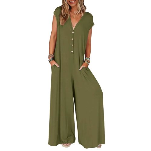 MEROKEETY Women's 2025 Summer Cap Sleeve Jumpsuits Deep V Neck Button Onesie Wide Leg Pants Rompers, Olive, M