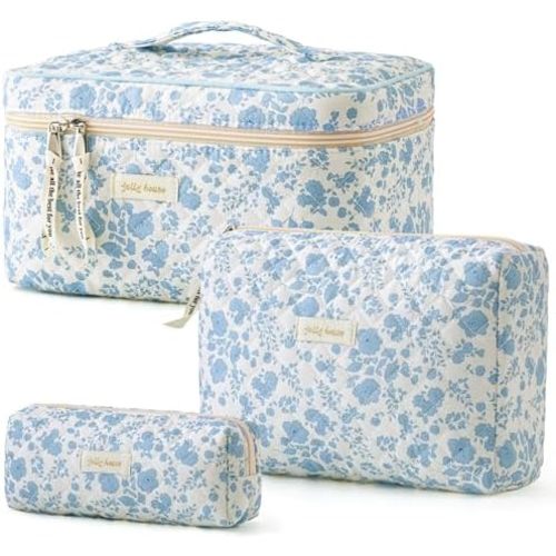 HBselect Quilted Makeup Bag, 3PCS Cotton Large Travel Makeup Bag, Cute Floral Coquette Make up Bag Cosmetic Bag Toiletry Bag for Women Girls
