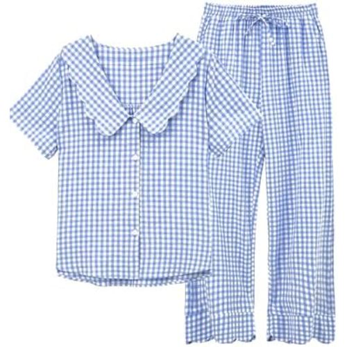 Tanming Womens Gingham 2 Piece Pajamas Sets Puff Sleeve Babydoll Shirt Ruffle Pants Pj Lounge Set Sleepwear