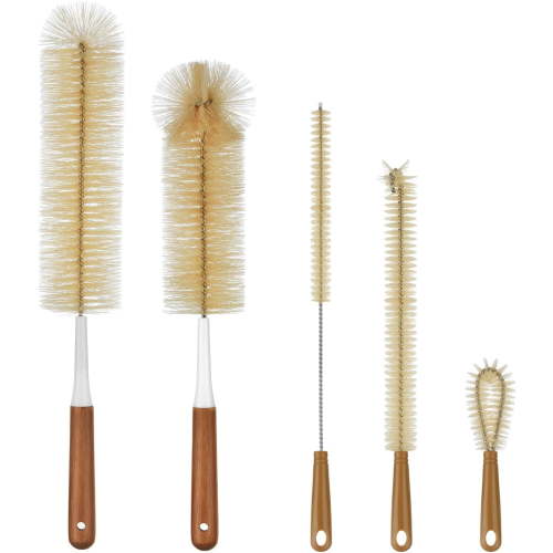 5-Pack Bottle Brush Cleaner - Extra Long Bamboo Handle Water Bottle Straw Cleaning Brush for Washing Narrow Neck Beer Wine Decanter, Sports Bottle, Thermos, Flask