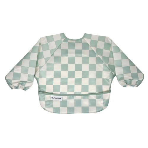 Tiny Twinkle Mess Proof Baby Bib,Waterproof Smock Baby Bib for Eating,Machine Washable Long Sleeve Bib,Baby Led Weaning,Toddler Bib,BLW Supplies(Checkers Sage, Small 6-24 Months)
