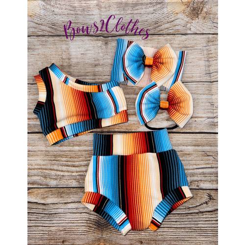 Serape Blue/ Orange Stripes Baby Girl Outfit/ One Shoulder Crop Top/ Bummie and Headwrap or Bow On Nylon