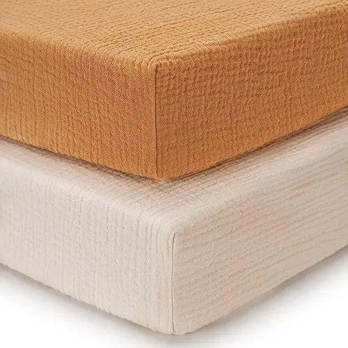 Blissful Diary Muslin Crib Sheets for Girl Boy, Boho Neutral Soft Cotton Baby Sheet for 52''x28'' Standard Crib Mattress, 2 Pack(Retro Yellow&Beige)