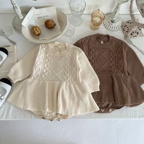 Baby Retro Knitted Skirted Bodysuit - 6-12M (Beige)