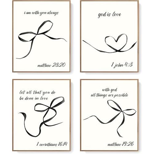 LARTSFRO Coquette Black Bow Wall Art Decor Posters, Black Bow Room Bedroom Bathroom Dorm Wall Art Decor Aesthetic for College Teen Girls Gifts, Inspirational Bible Verses Bow Wall Decor, 10x8 Inch Set of 4 Bow Pictures UNFRAMED