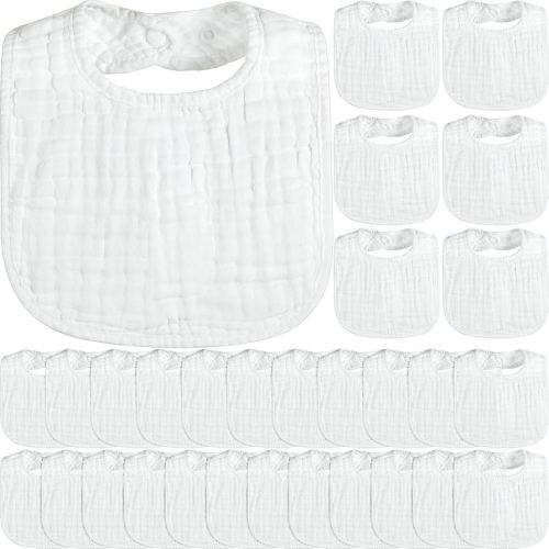 Reginary 30 Pack White Muslin Baby Bibs Bulk Adjustable 6 Layers Baby Bandana Drool Bibs for Boys Girls Newborn Cotton Soft Absorbent Muslin Burp cloth for Drooling and Teething