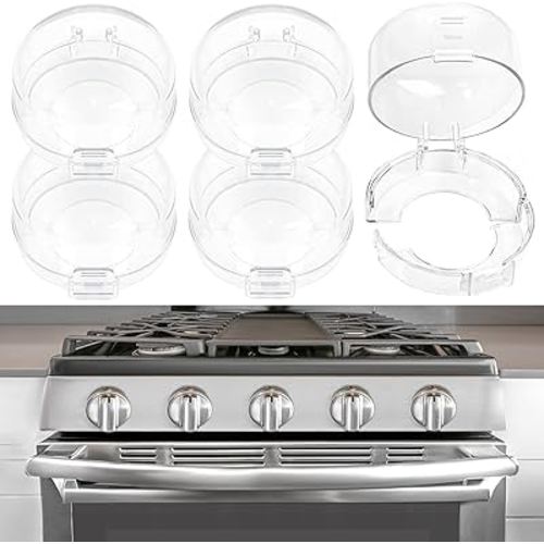 Oven Knob Covers for Child Safety 5 Pack, Gas Stove Knob Locks Baby proofing, Heat-Resistant Adhesive, Childproof Protector for Kids Stove Knob Safety Covers, Stove Knob Safety Covers (Clear)
