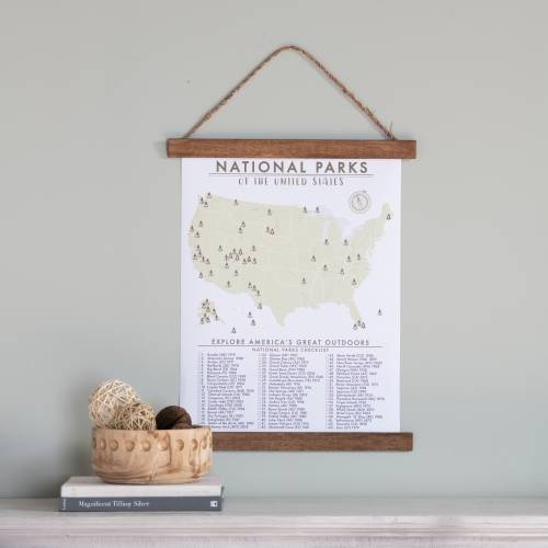 18x24 National Parks Checklist Canvas Hanging Print - w/ Handmade Wooden Hanging Frame - 63 National Parks - Hiker Gift - Gift for Traveler