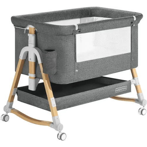 HARPPA Cuddly 3 in 1 Baby Bassinet Bedside Sleeper(Mosquito Net Included), Five-Position Adjustable Bedside Crib with Storage for Newborns, Portable Bassinet with Anchor Strap (Wood Grain, Grey)