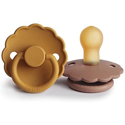 FRIGG Daisy Natural Rubber Baby Pacifier | Made in Denmark | BPA-Free (Rose Gold/Honey Gold, 0-6 Months) 2-Pack