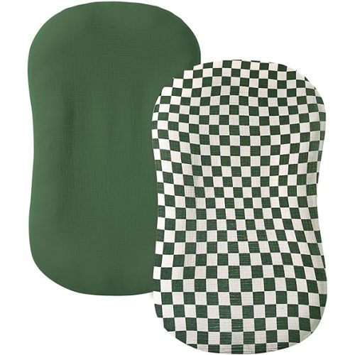 Muslin Baby Lounger Cover 2 Pack, 100% Cotton Infant Lounger Cover, Soft & Breathable Replacement Slipcover, Compatible with Snuggle Me Newborn Lounger (Olive Check,Olive Green)