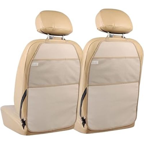 Car Seat Protector Large Kick Mat 2 Pack Durable Water Resistant Auto Seat Back Covers with 2 Mesh Pockets Protection Against Dust Mud Scratches (Beige-A, 2-Pack)