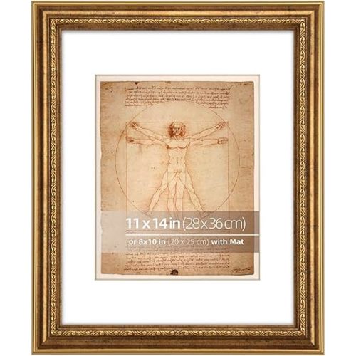 11x14 in Rustic Gold Curved Scrollwork Motif Embossed Ornate Classic Picture Frame, Matted for 8x10 inches Photos or artworks, Real Glass Protection