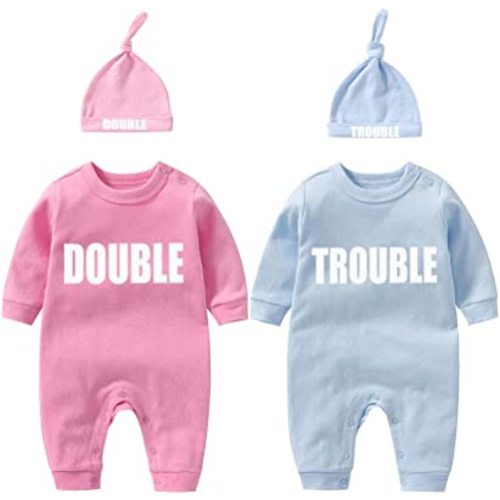 YSCULBUTOL Baby Twins Bodysuits Funny Double Trouble Cute Girl Romper Twin Jumpsuits Hat Set
