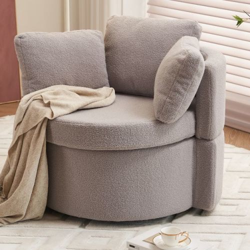 33.9" W 360° Swivel Accent Barrel Chair, Comfy Round Sofa Storage Chair with Pillow for Living Room Bedroom Nursery, Light Gray 4B - ModernLuxe