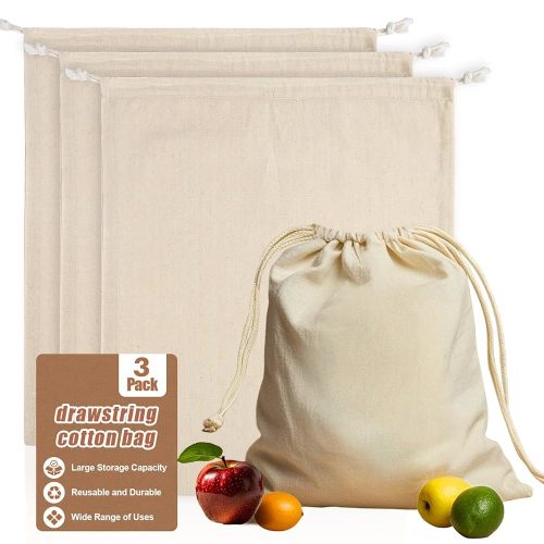 Cotton Storage Bags With Drawstrings - Rainflow 3 Pack 15x17 Inch Reusable Produce Bags Cotton Produce Bags Washable Muslin Storage Bags for Fruit Onion Storage Clothes Shopping Home Supplies
