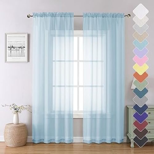 Light Blue Sheer Curtains 84 Inches Long 2 Panels, Light Filtering Solid Voile Curtains for Living Room Bedroom, Dual Rod Pocket Gauzy Farmhouse Window Treatments, 40 W x 84 L Inch, Sky Blue