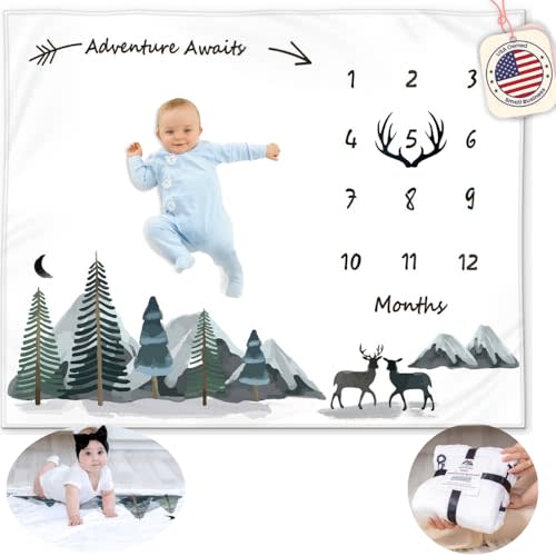KEMINA BLANKETS Milestone Blanket for Baby Boy, Monthly Baby Milestone Blanket, Growth Blanket for Boy, Adventure Mountain Month Blanket Woodland Nursery, Baby Shower Baby Includes Felt Frame, 50x40