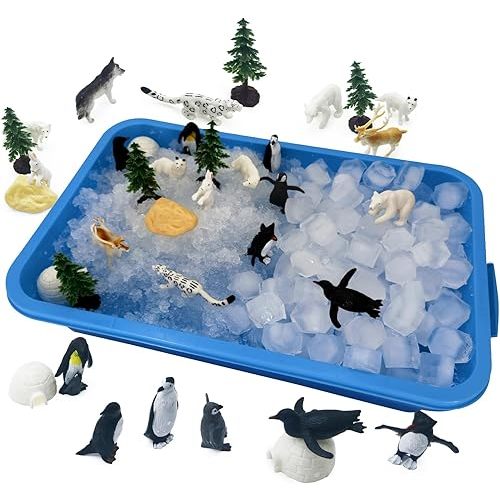 Arctic Animal Toys for Kids | Winter Sensory Bin Items | Arctic Sensory Bin Set | Includes 27 Pieces:13 Winter Animals Figurines,Ice Mold,Artificial Snow - Perfect for Birthday Parties