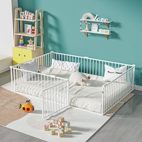 Full Floor Bed for Kids Metal Montessori Bed Frame with Safety Guardrails Multifunctional Montessori Floor Bed, No Weight Limit, Easy Assemble, White